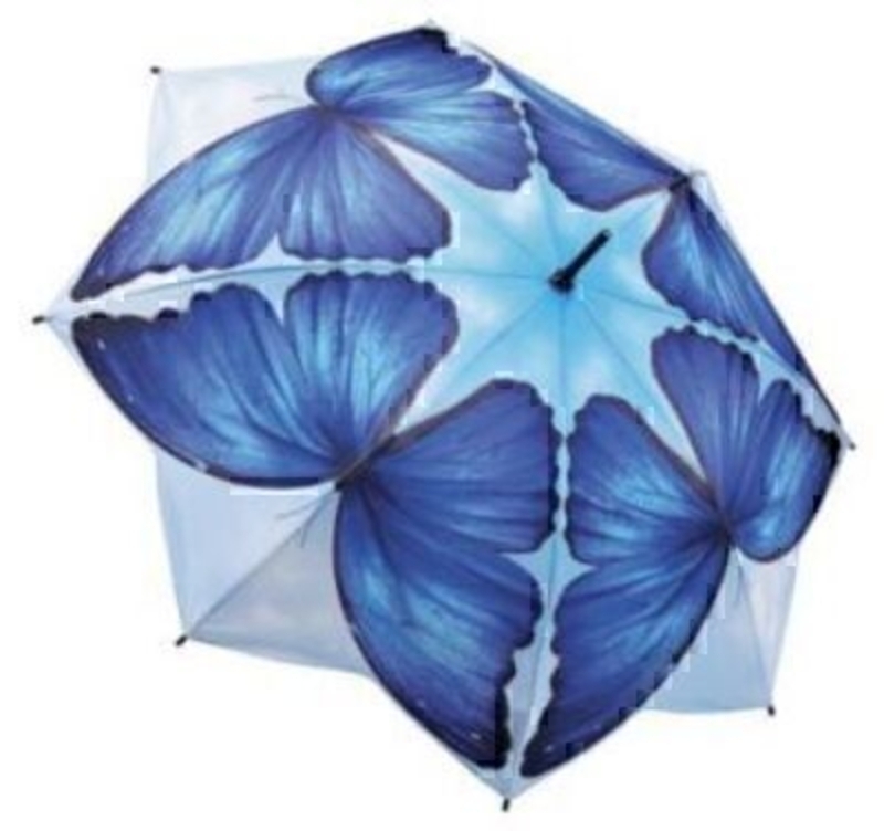 Another beautiful stick umbrella from Galleria, with detailing and colouring second to none. The blue patterned butterflies on the fabric are designed wing to wing making a very interesting shape. The shaped edges give that extra wow factor. Featuring vir